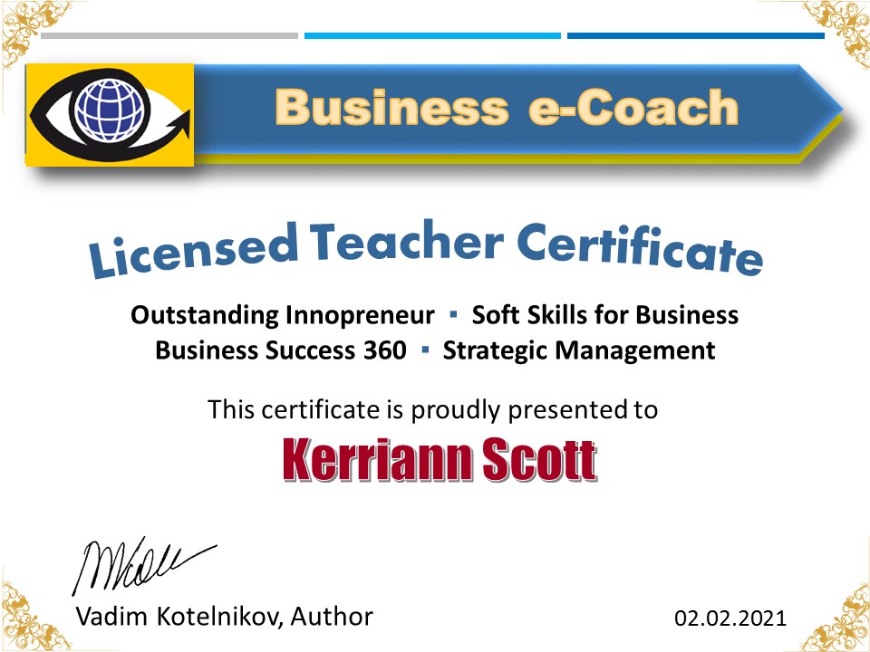 Licensed Teacher Certificate Entrepreneurship, Business Success, Strategic Management, Soft Skills