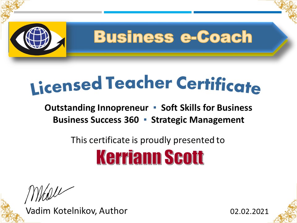 Licensed Teacher Certificate Entrepreneurship, Business Success, Strategic Management, Soft Skills