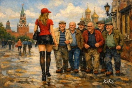 Funny Picture: a beautiful girls and six old men (KoRe AImage)