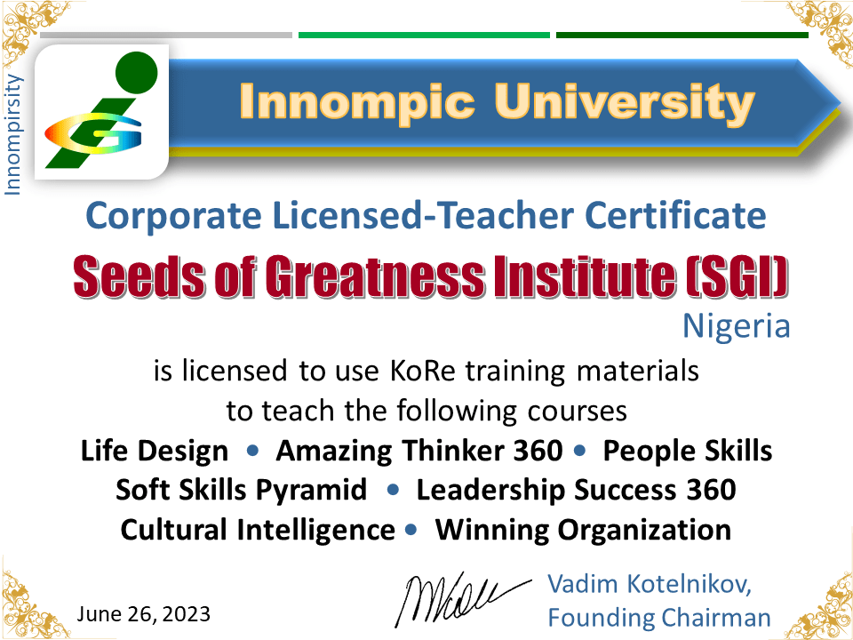 Sample Corporate Teacher Certificate by Innompic University SGI