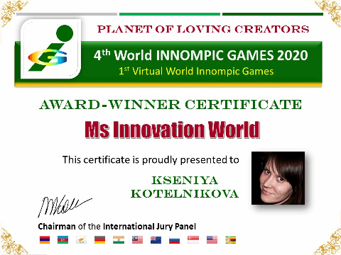 Miss Innovation World award certificate winner Kesniya